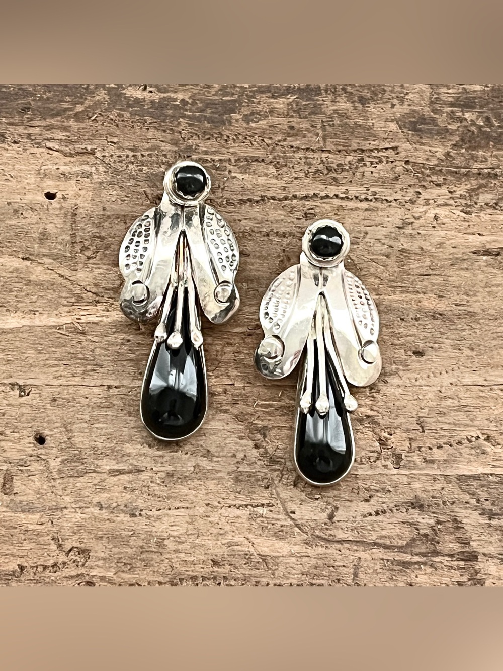 Vintage Taxco Sterling Silver Black Onyx Jacket Earrings 2 in 1 Convertible - Picture 5 of 10